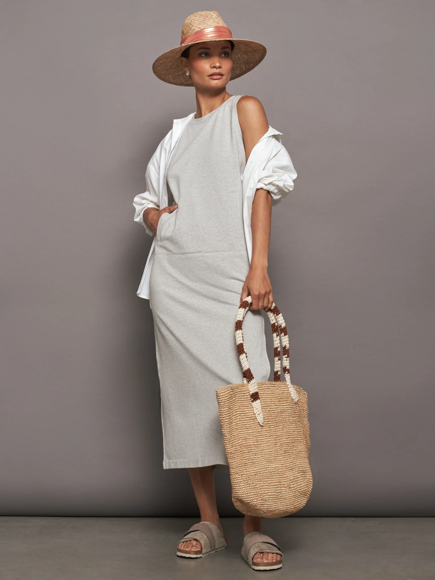 SLEEVELESS TAILORED TERRY SIDE SLIT GOWN - LIGHT HEATHER GREY - Image 5