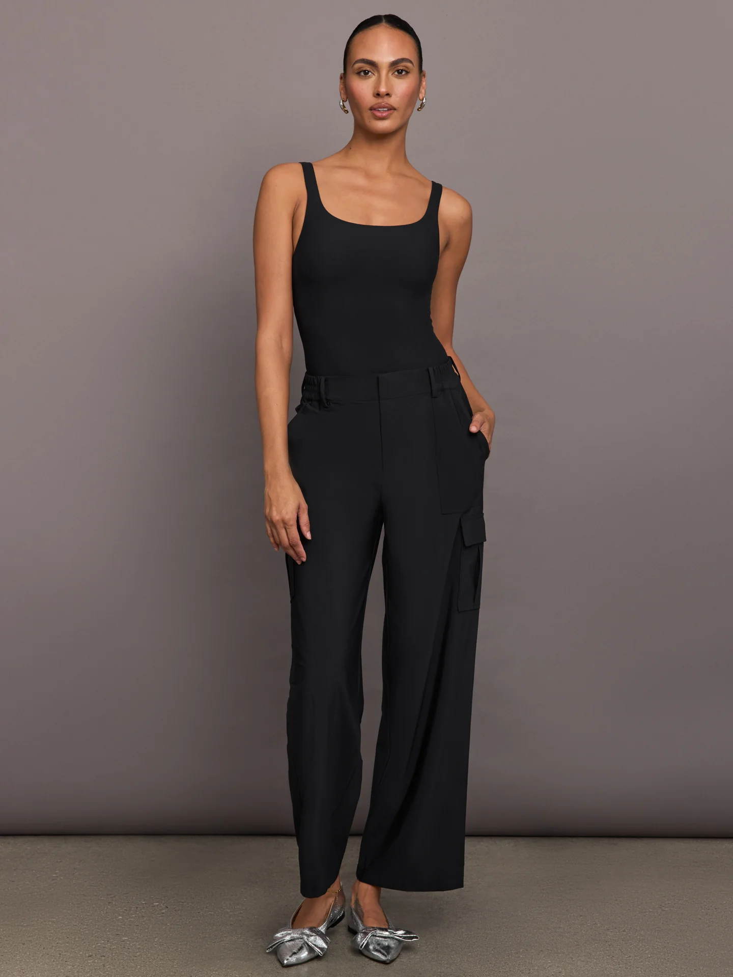 Stretch Woven Wide Leg Cargo Pant - Black - Image 3
