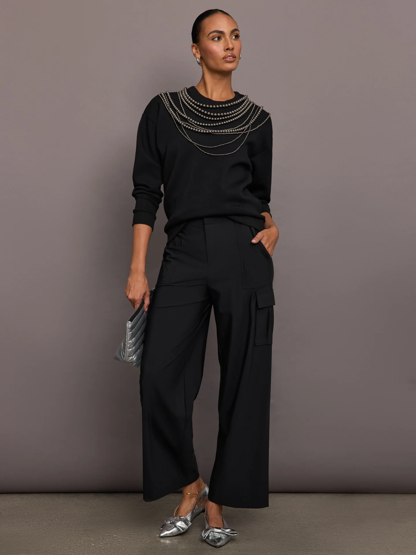 Stretch Woven Wide Leg Cargo Pant - Black - Image 6